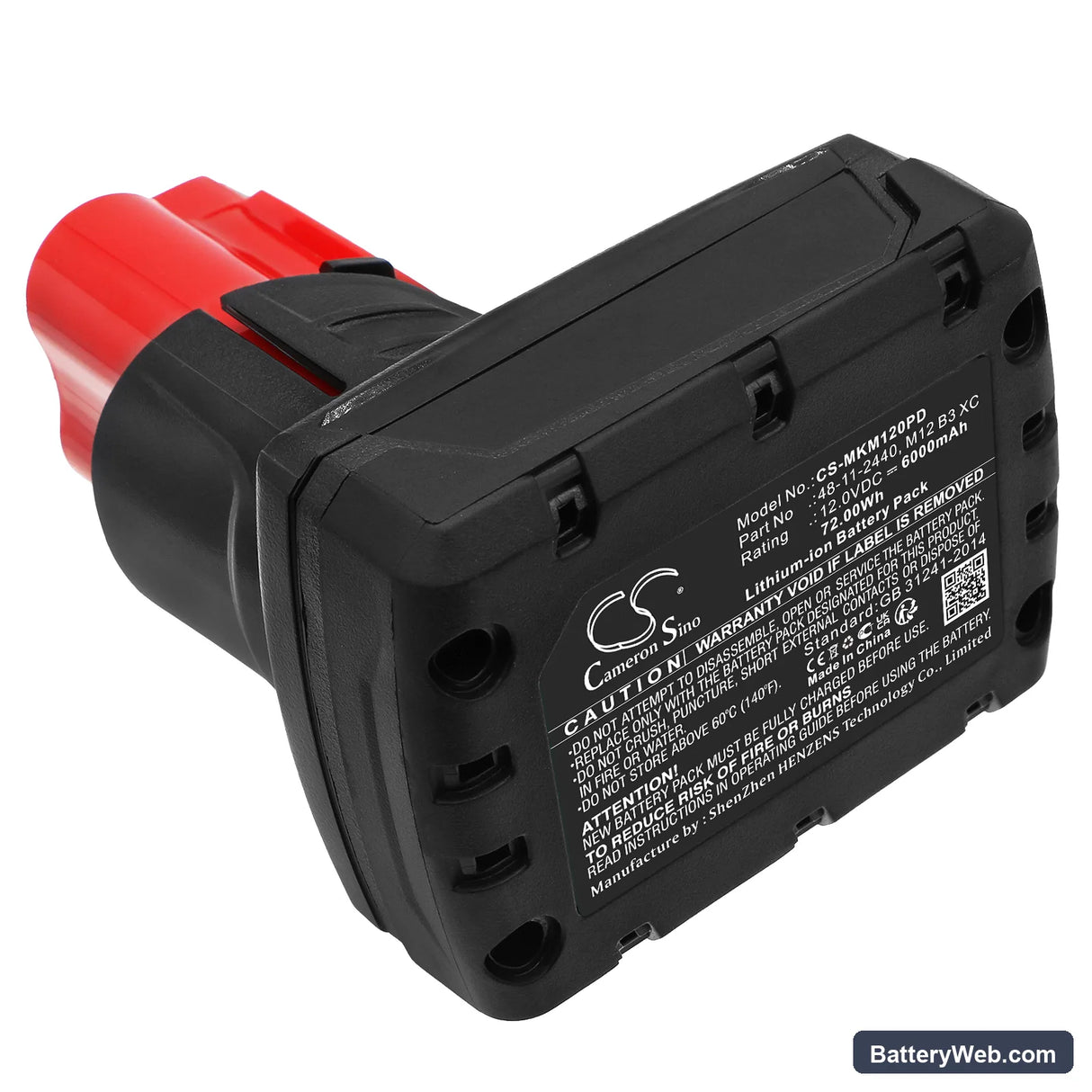 Milwaukee M12 Replacement Battery, 12V, 6000mAh, Li-ion 3