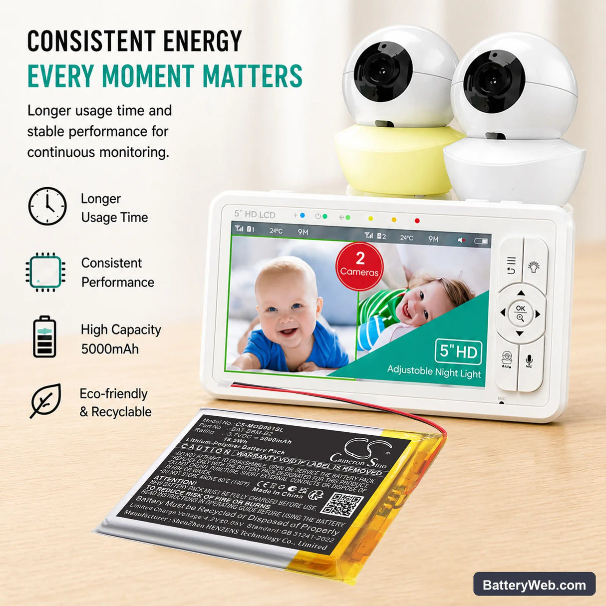 Babysense HD S2 Replacement Battery, 3.7V, 5000mAh, Li-Polymer 7