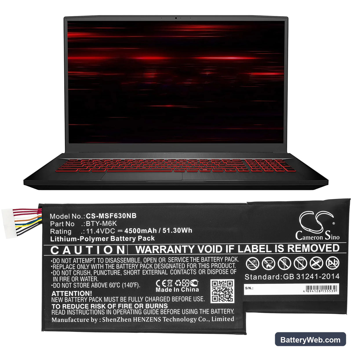 MSI GF63 8RC-005CN Replacement Battery, 11.4V, 4500mAh, Li-Polymer 5