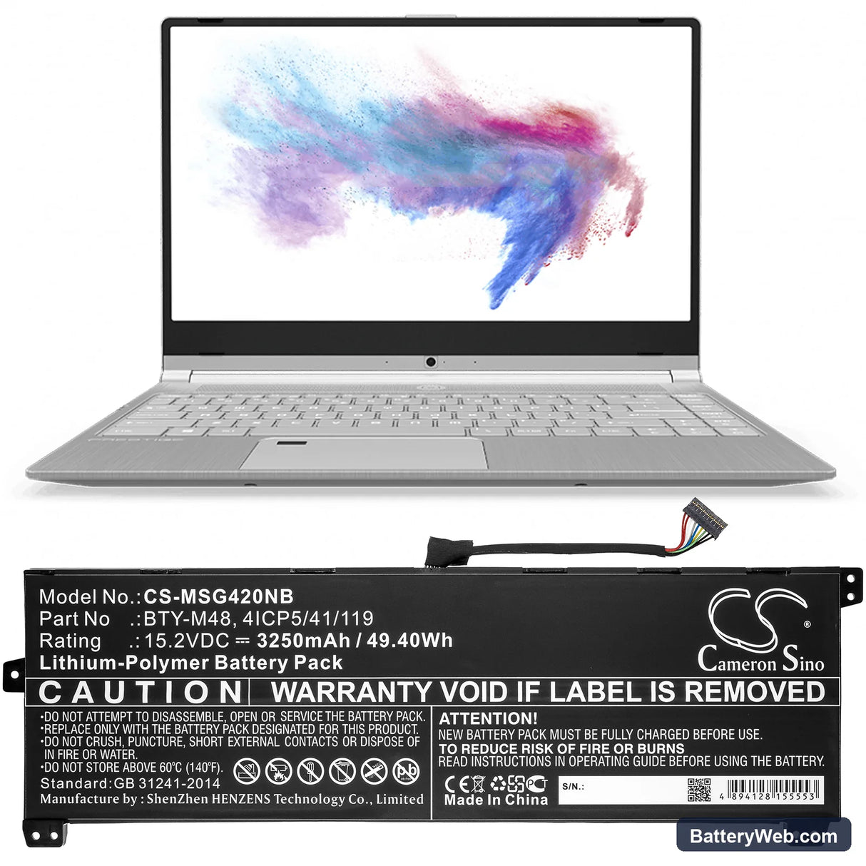 MSI PS42 8RC-027tw Replacement Battery, 15.2V, 3250mAh, Li-Polymer 5