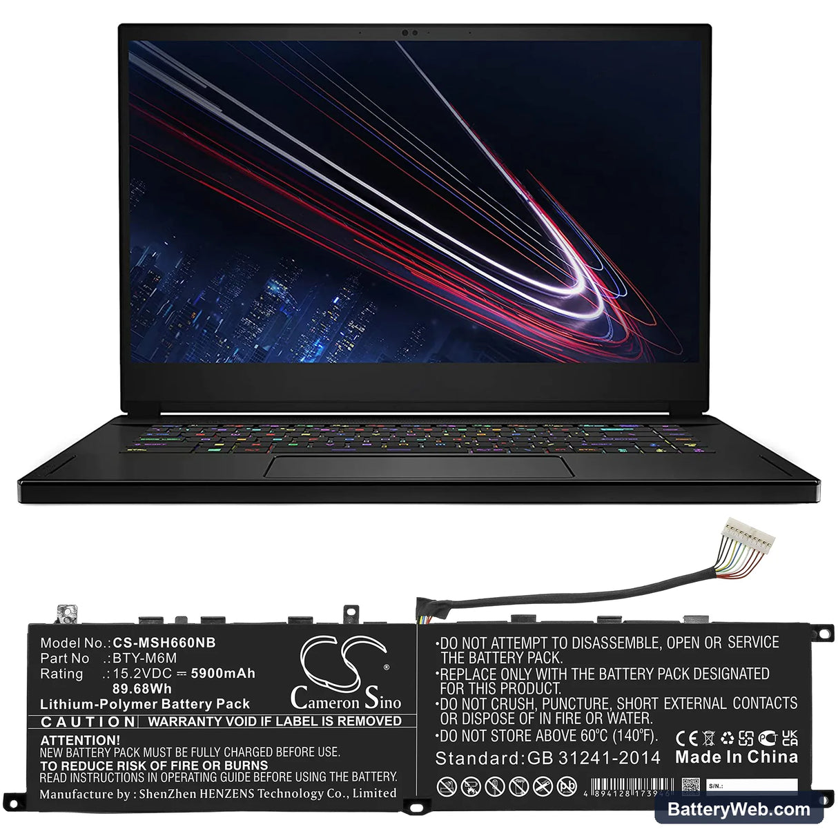 MSI Gs66 Stealth Replacement Battery, 15.2V, 5900mAh, Li-Polymer 6