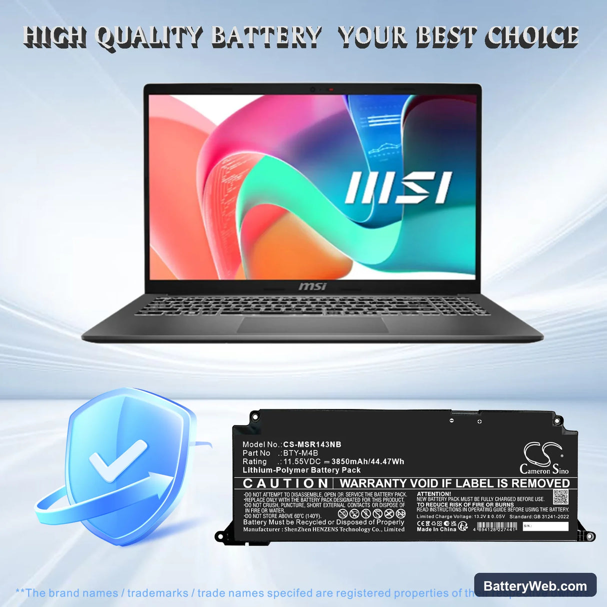 MSI F13MG-206XES Replacement Battery, 11.55V, 3850mAh, Li-Polymer 1