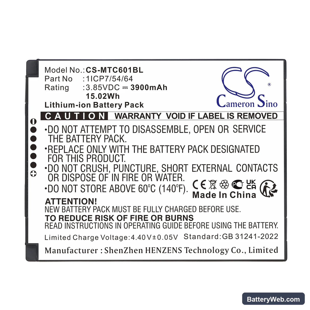 iMozen TC601 Replacement Battery, 3.85V, 3900mAh, Li-ion 4
