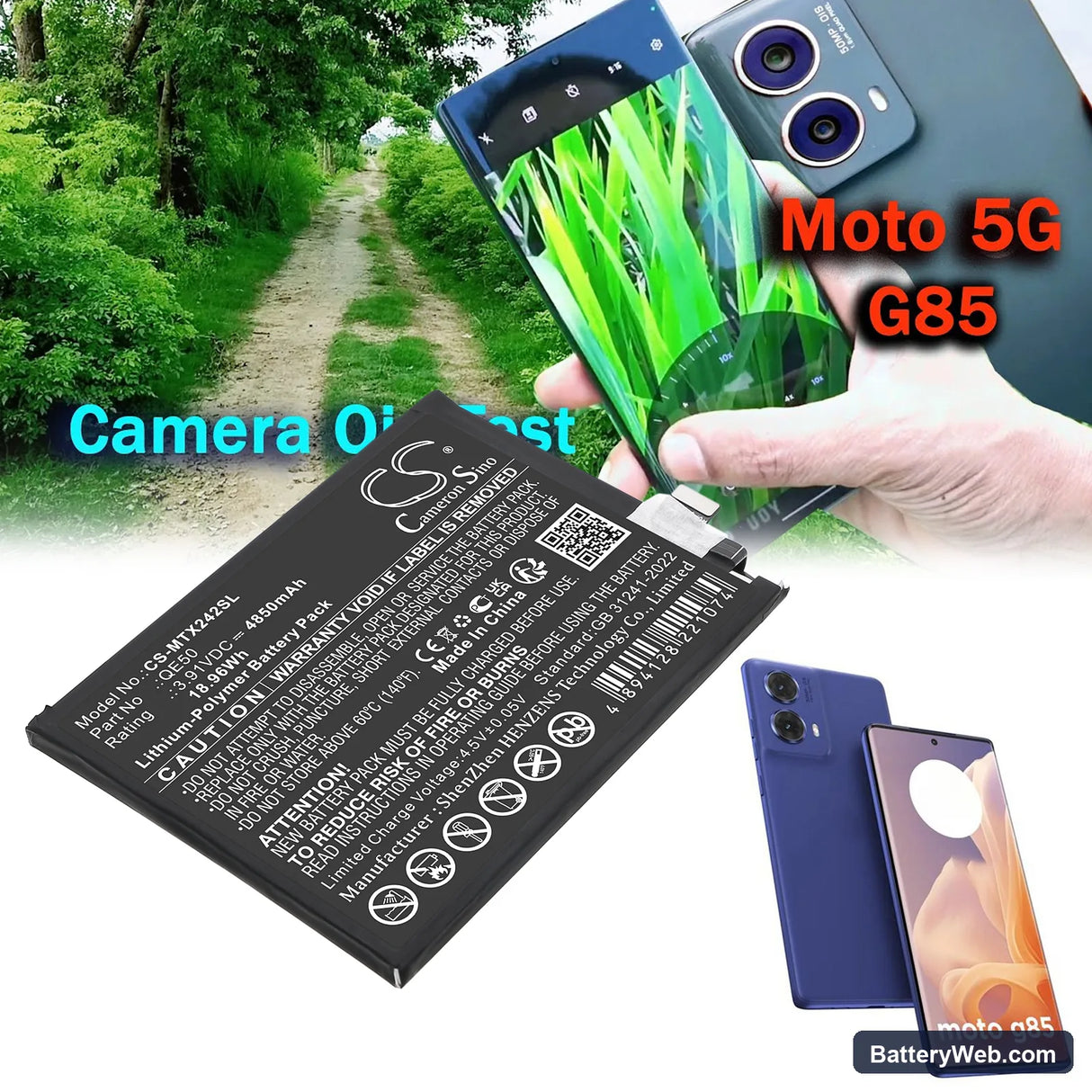 Motorola Moto G85 5G Replacement Battery, 3.91V, 4850mAh, Li-Polymer 5
