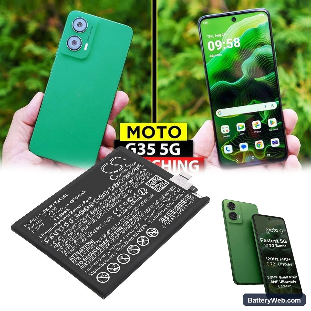 Motorola Moto G35 5G Replacement Battery, 3.91V, 4850mAh, Li-Polymer 5