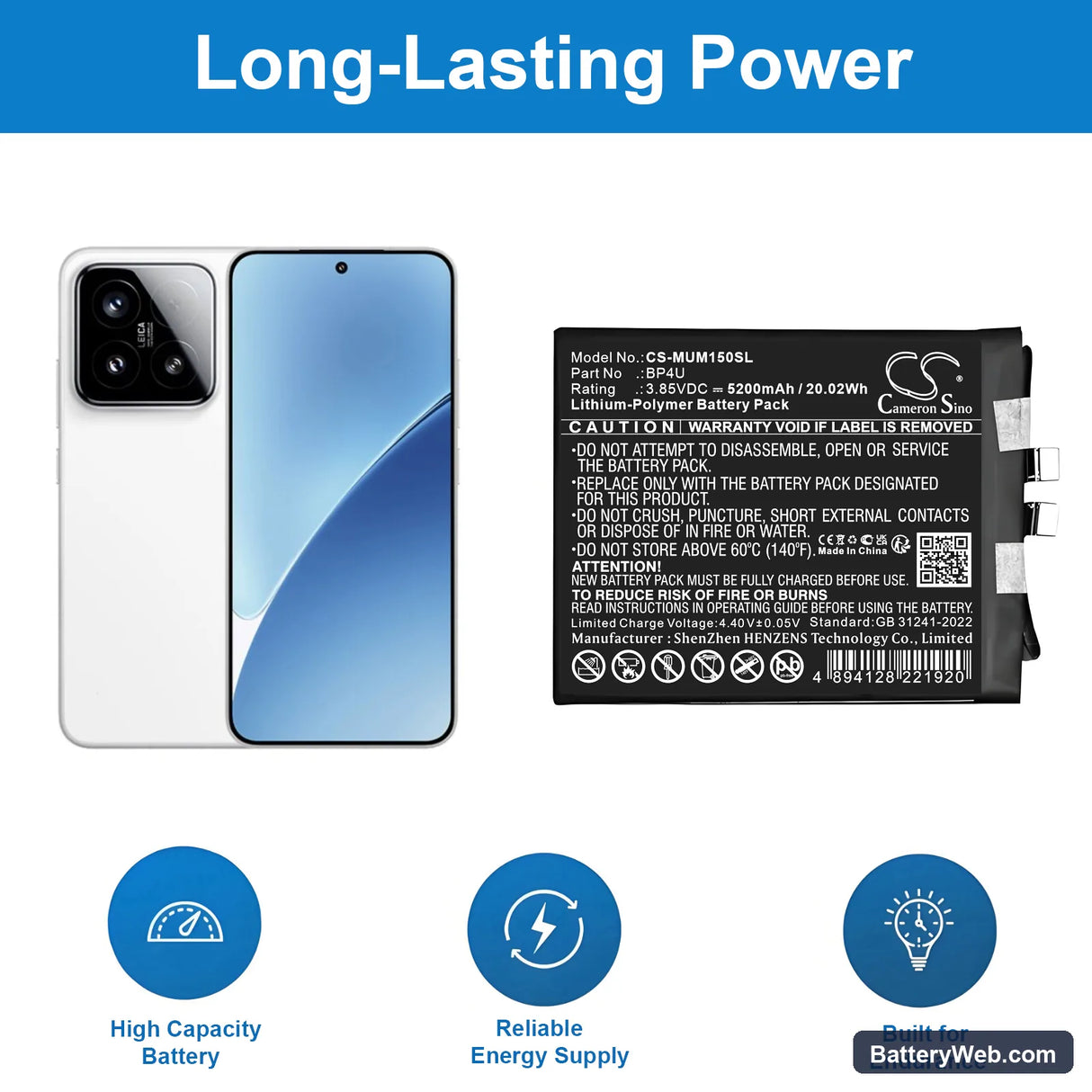 Xiaomi 24129PN74C Replacement Battery, 3.85V, 5200mAh, Li-Polymer 1