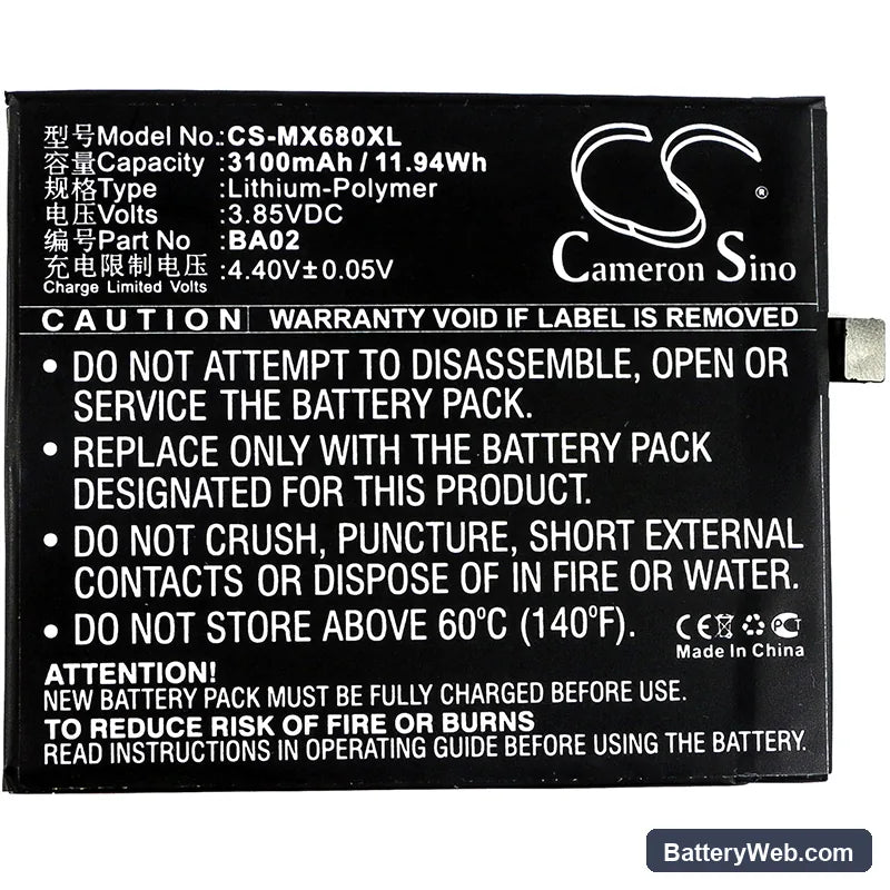 MeiZu M3e Replacement Battery, 3.85V, 3100mAh, Li-Polymer 3
