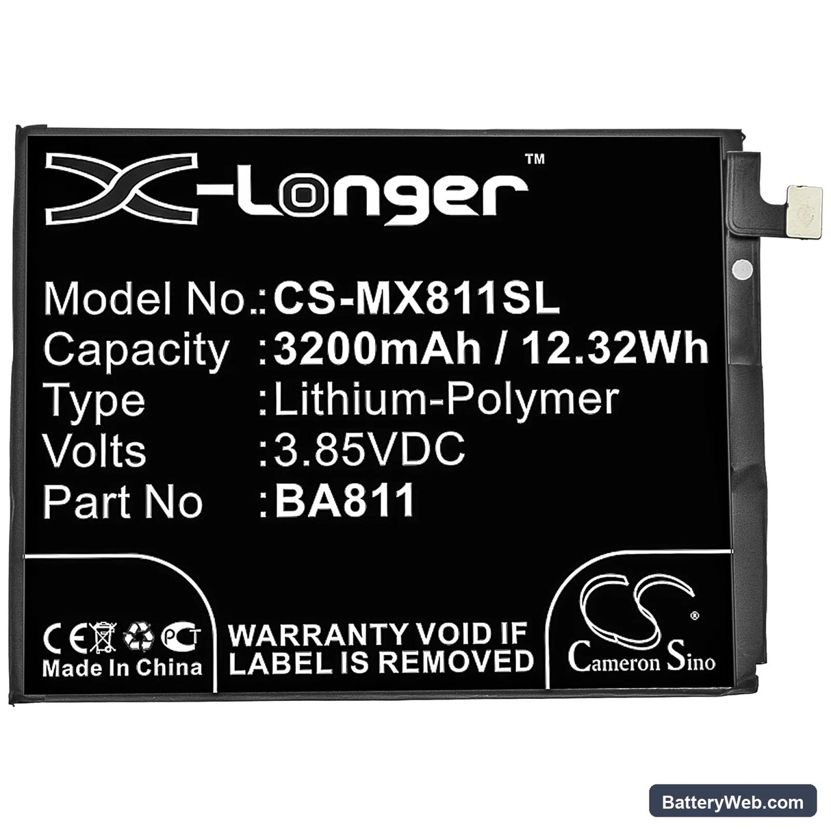 MeiZu M6T Replacement Battery, 3.85V, 3200mAh, Li-Polymer 3