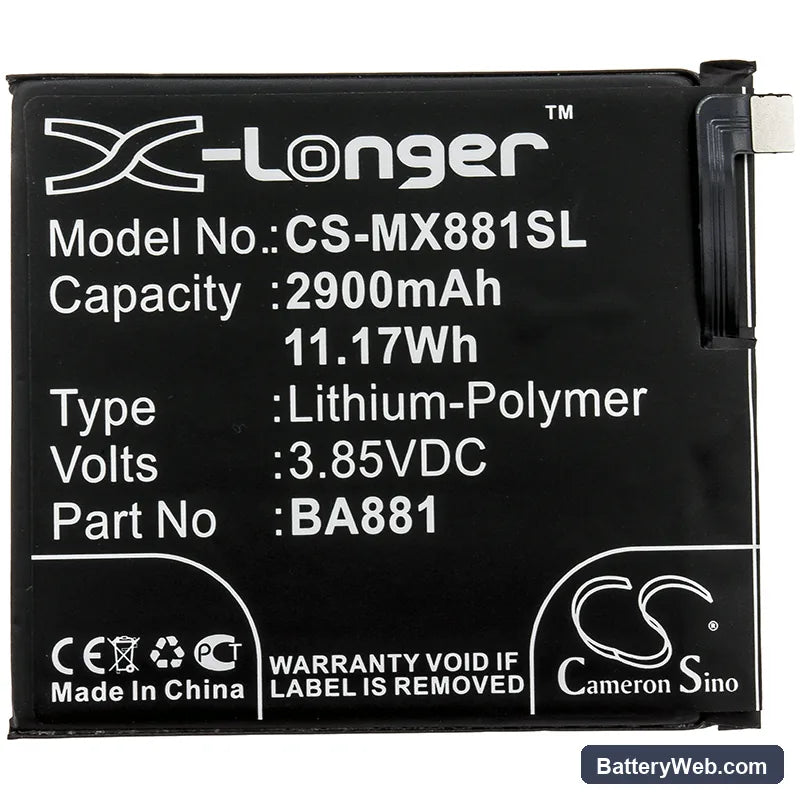 MeiZu 15 Replacement Battery, 3.85V, 2900mAh, Li-Polymer 3