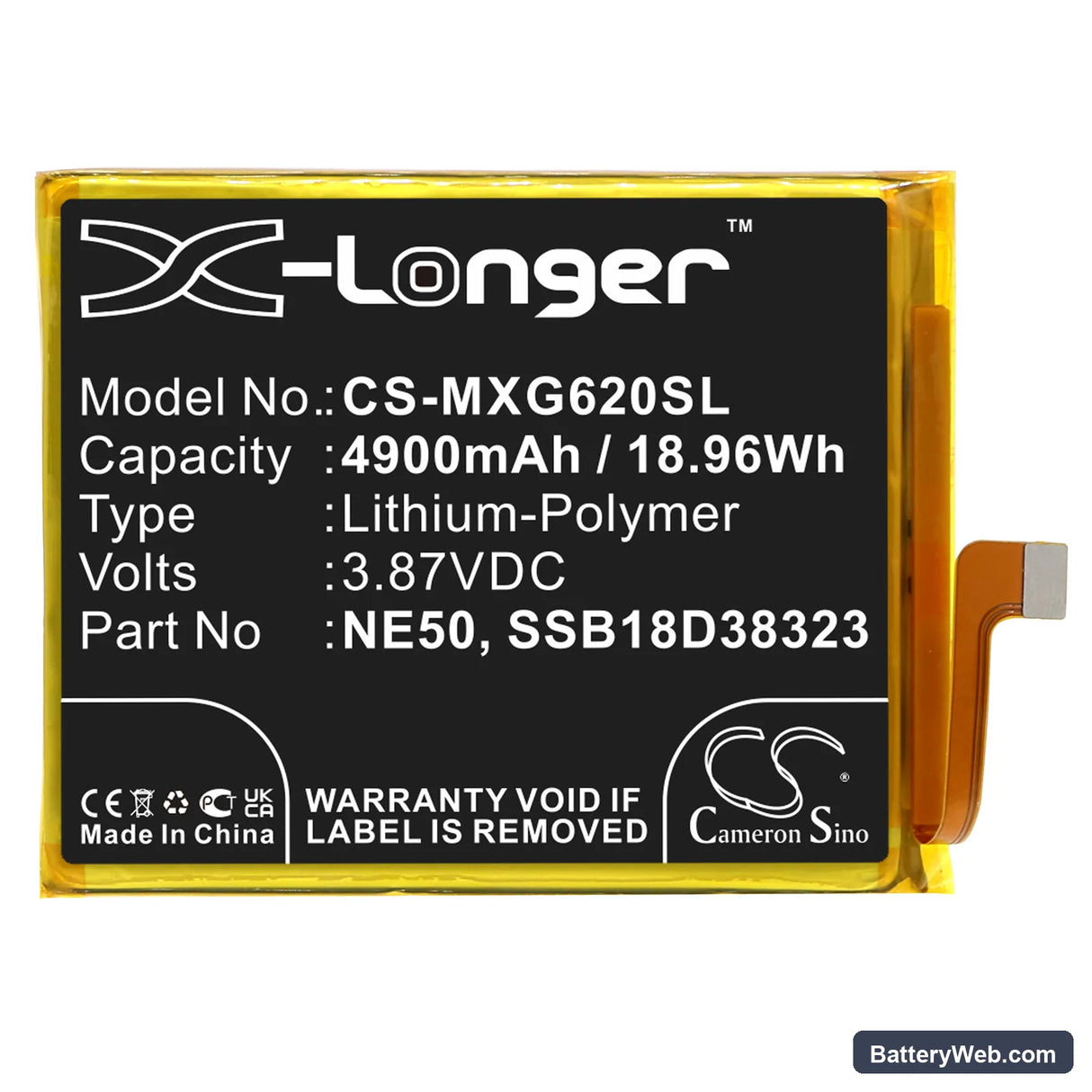 Motorola Moto G52 Replacement Battery, 3.87V, 4900mAh, Li-Polymer 3