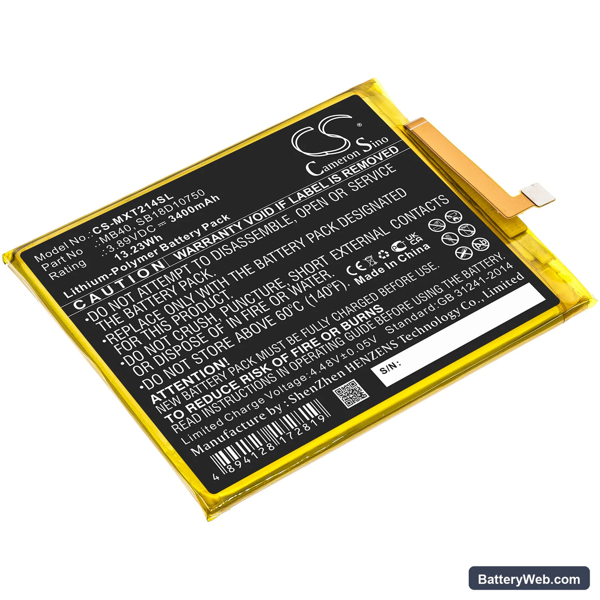 Motorola Moto Edge 20 5G Replacement Battery, 3.89V, 3400mAh, Li-Polymer 1