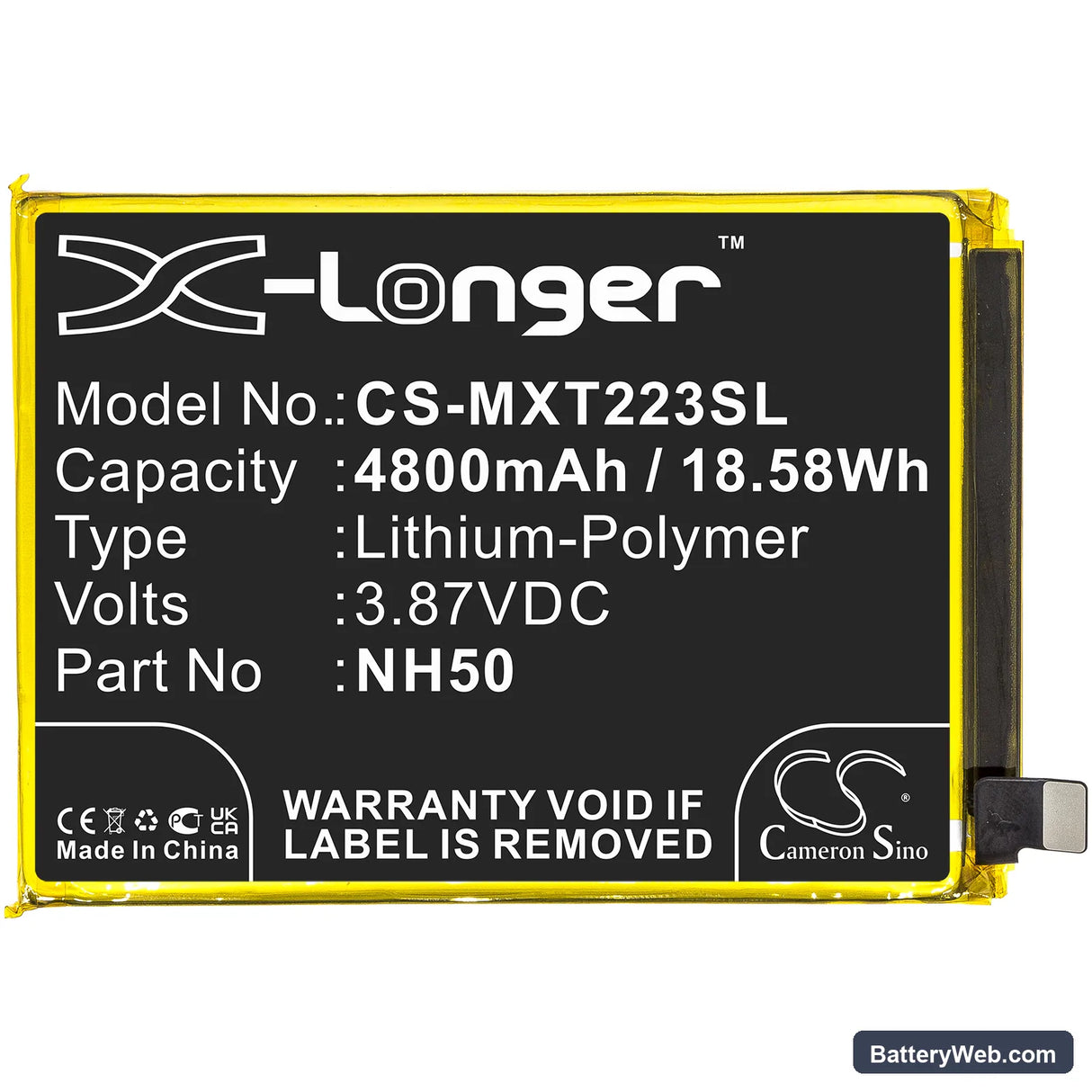 Motorola Moto G22 Replacement Battery, 3.87V, 4800mAh, Li-Polymer 3