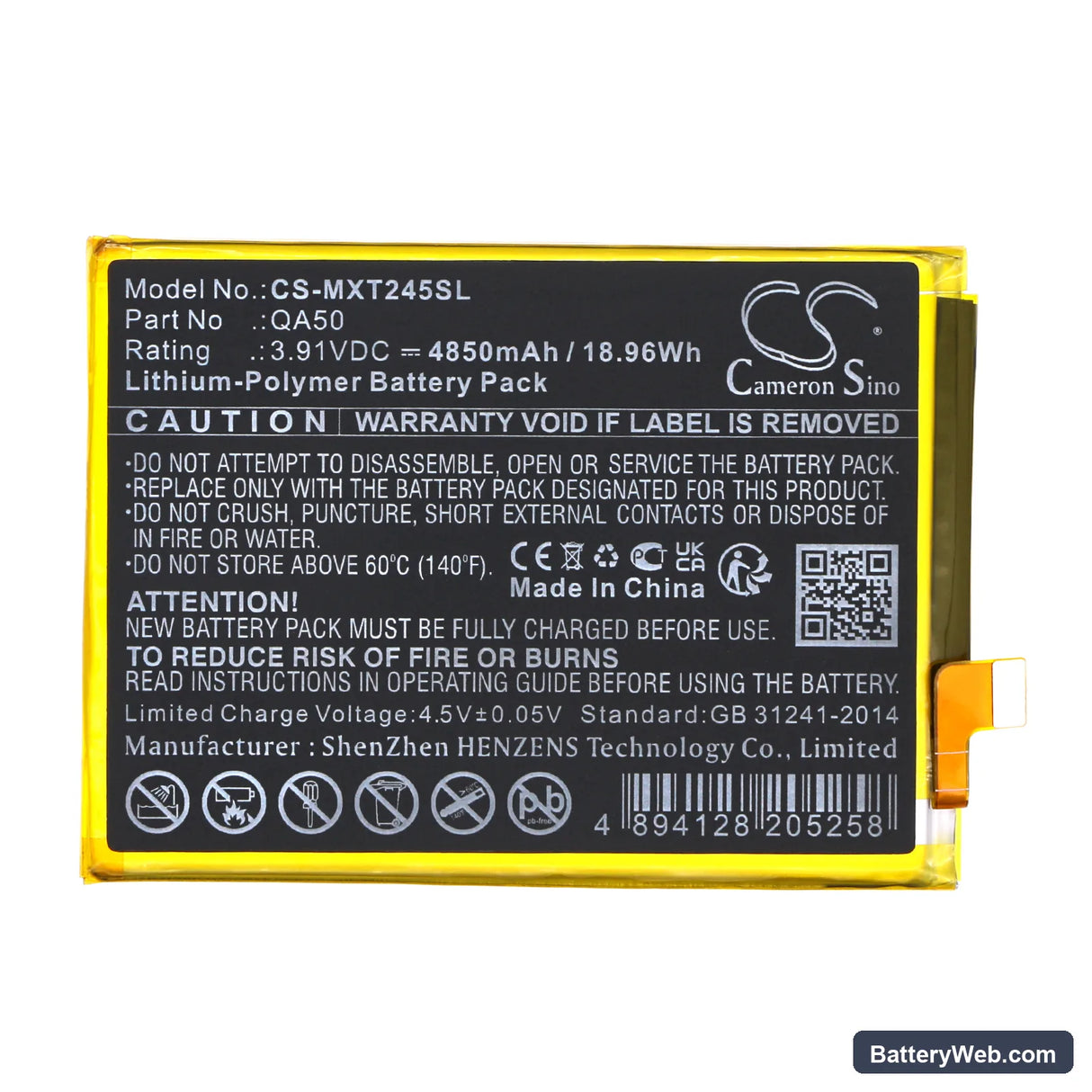 Motorola Moto G Power 5G 2024 Replacement Battery, 3.91V, 4850mAh, Li-Polymer 3