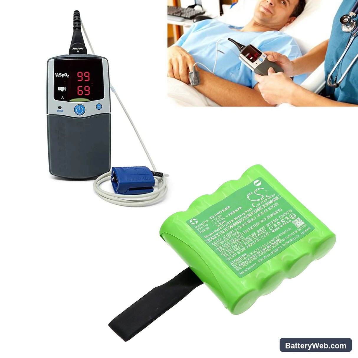 Nonin Palm Sat 2500 Pulse Oximeter Replacement Battery, 4.8V, 2000mAh, Ni-MH 6