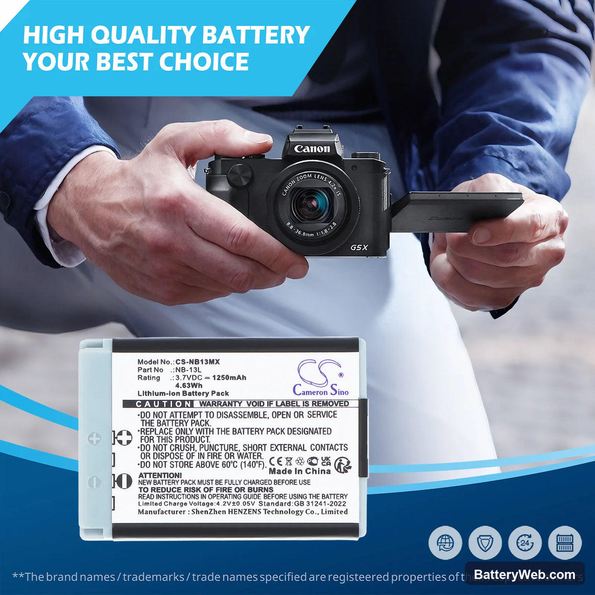 Canon PowerShot G5 X Replacement Battery, 3.7V, 1250mAh, Li-ion 6
