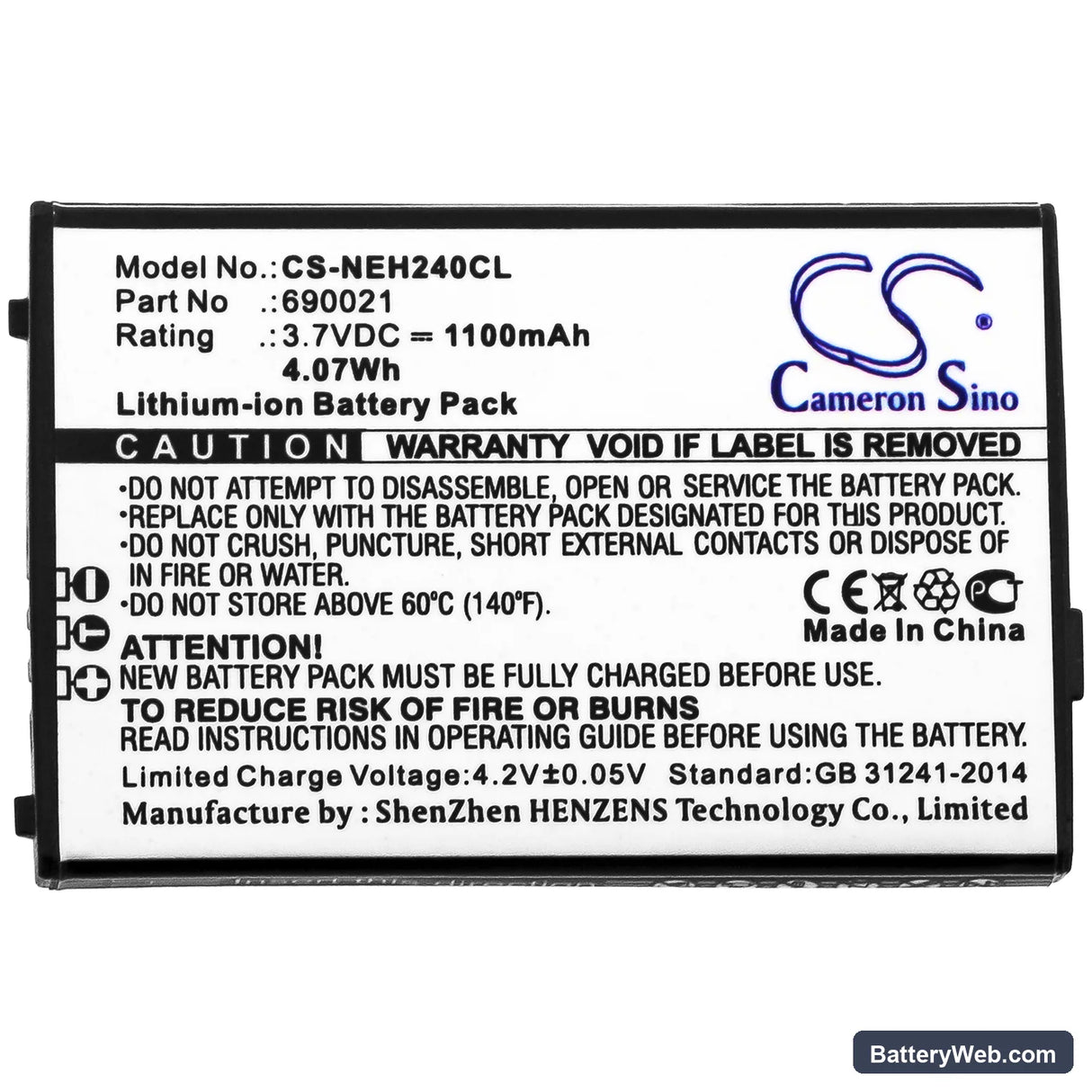 NEC MH240 Replacement Battery, 3.7V, 1100mAh, Li-ion 3