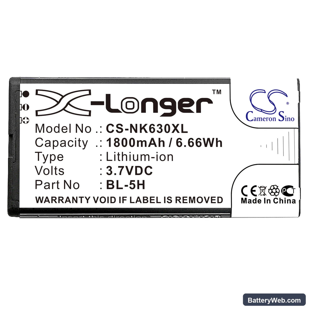 Nokia Lumia 630 Replacement Battery, 3.7V, 1800mAh, Li-ion 5