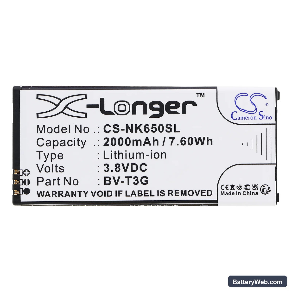 Microsoft Lumia 650 Replacement Battery, 3.8V, 2000mAh, Li-ion 3