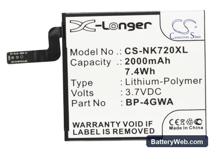 Nokia Lumia 625 Replacement Battery, 3.7V, 2000mAh, Li-Polymer 5