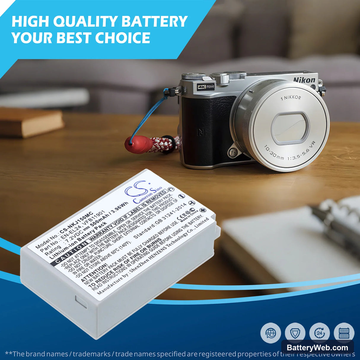 NiKon 1 J5 Replacement Battery, 7.2V, 500mAh, Li-ion 6