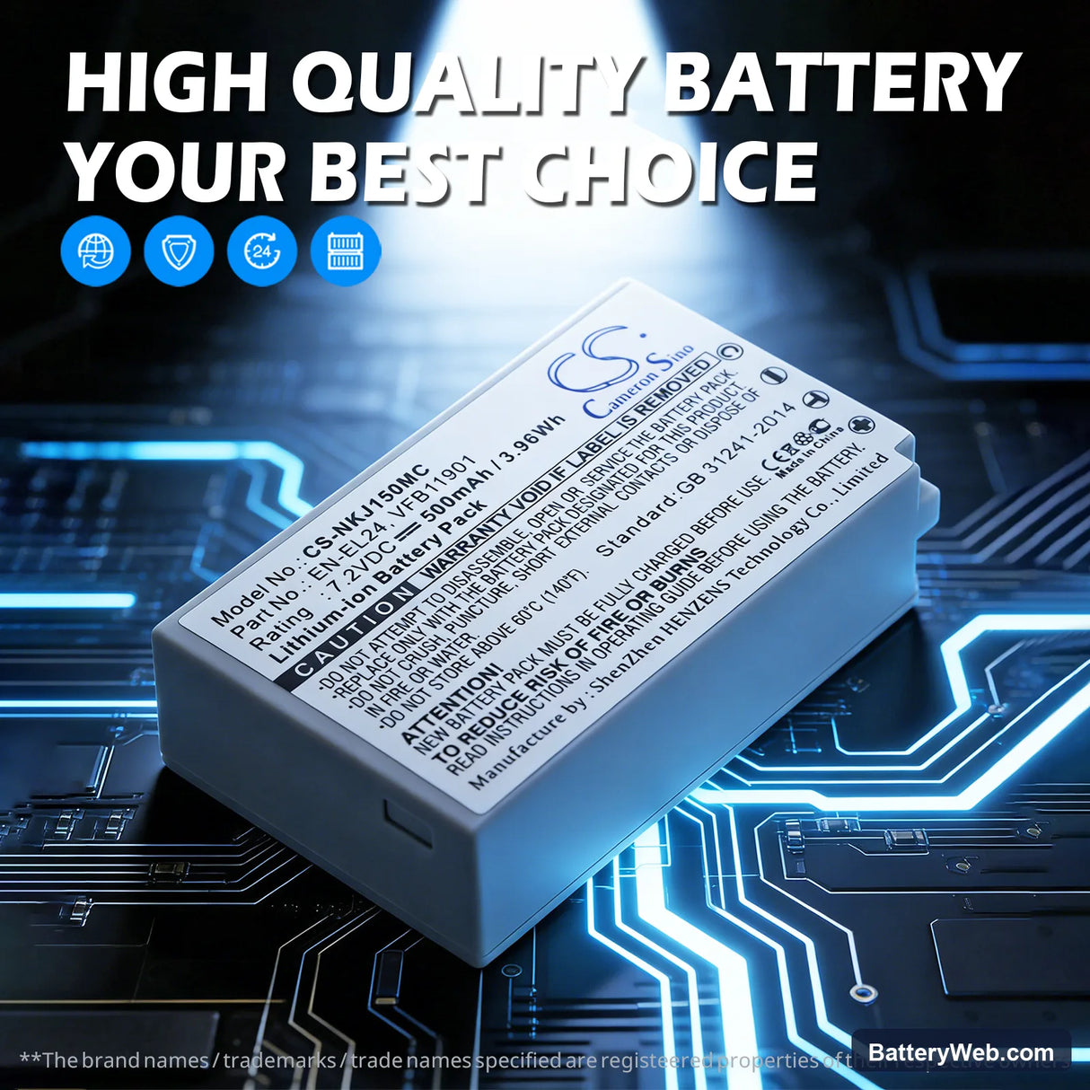 NiKon 1 J5 Replacement Battery, 7.2V, 500mAh, Li-ion 7