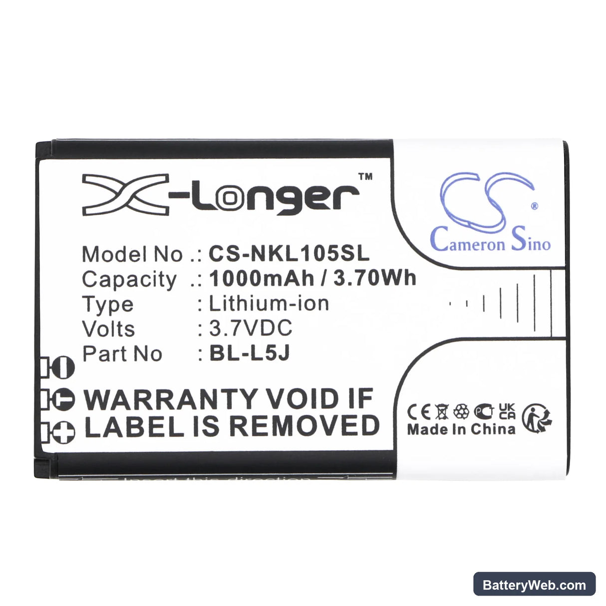 Nokia 105 2023 Replacement Battery, 3.7V, 1000mAh, Li-ion 5