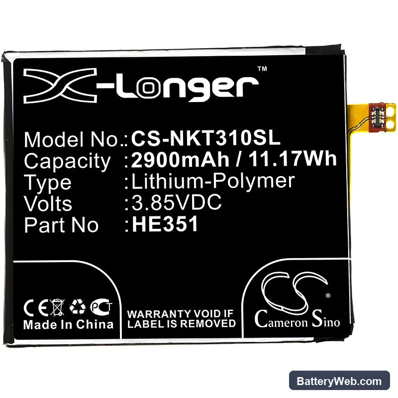 Nokia 3.1 Replacement Battery, 3.85V, 2900mAh, Li-Polymer 3