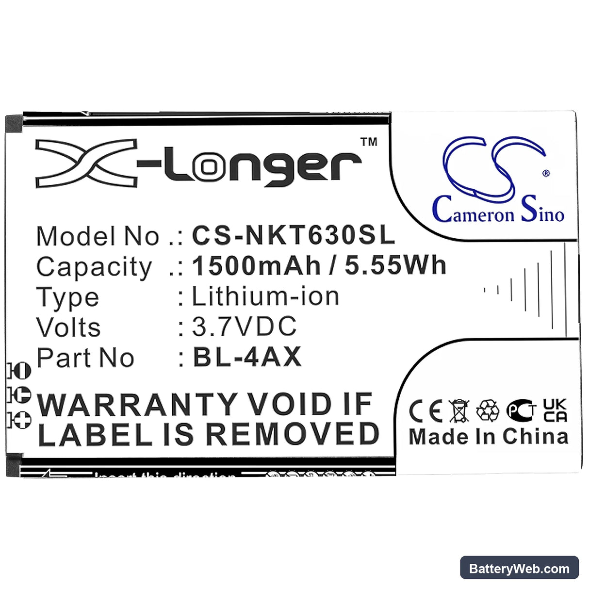 Nokia 6300 4G Replacement Battery, 3.7V, 1500mAh, Li-ion 3