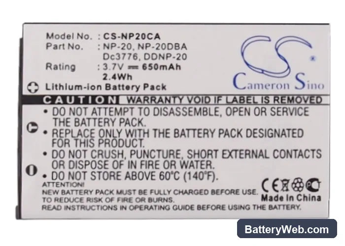 Casio Exilim EX-S770SR Replacement Battery, 3.7V, 650mAh, Li-ion 5