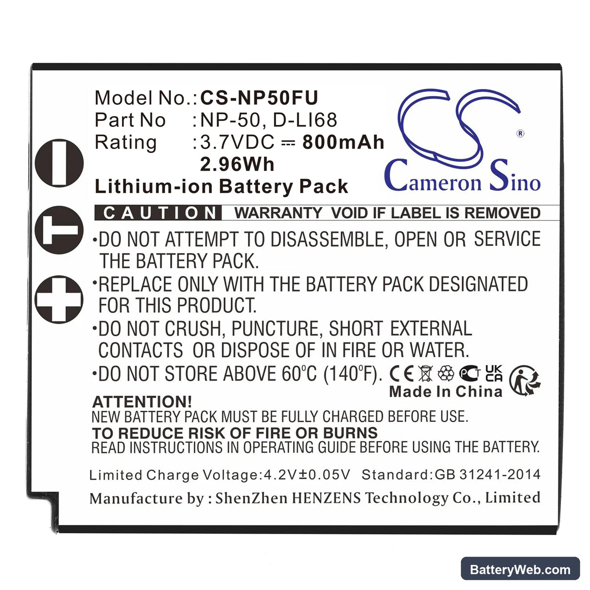 Ricoh WG-M2 Replacement Battery, 3.7V, 800mAh, Li-ion 3