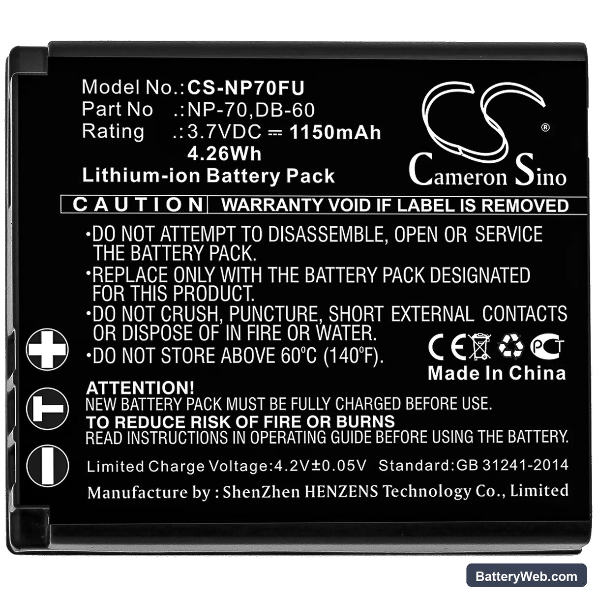 Panasonic Lumix DMC-FX10EB-K Replacement Battery, 3.7V, 1150mAh, Li-ion 3