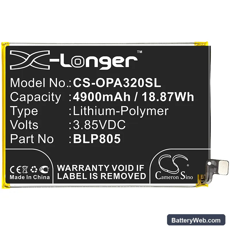 Oppo A32 Replacement Battery, 3.85V, 4900mAh, Li-Polymer 3