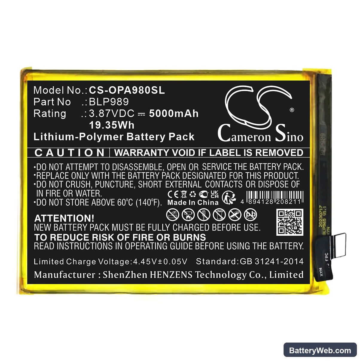 Oppo A98 Replacement Battery, 3.87V, 5000mAh, Li-Polymer 1