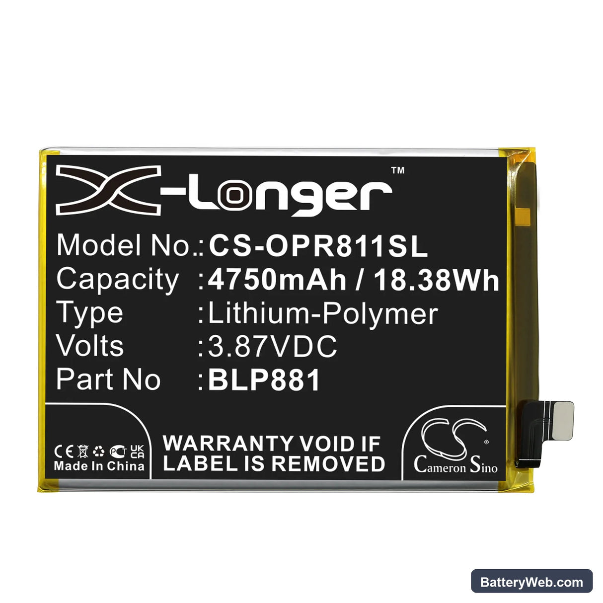Oppo Reno 5K Replacement Battery, 3.87V, 4750mAh, Li-Polymer 3