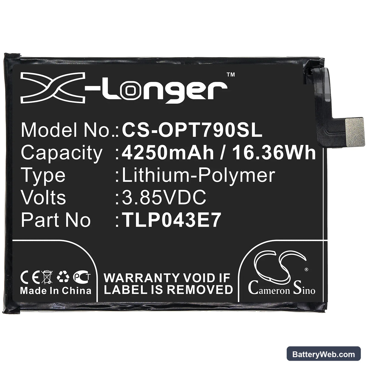 Alcatel T790Y Replacement Battery, 3.85V, 4250mAh, Li-Polymer 3