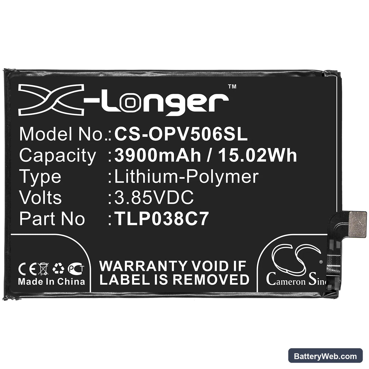 Alcatel 5V Replacement Battery, 3.85V, 3900mAh, Li-Polymer 3