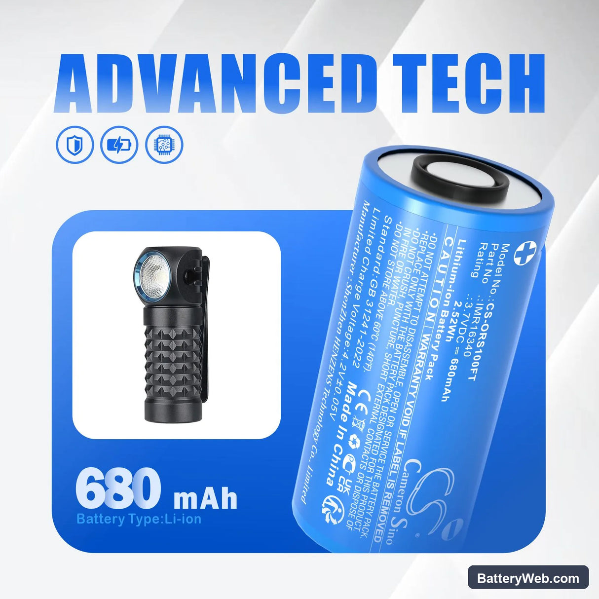 Olight Baton 3 Replacement Battery, 3.7V, 680mAh, Li-ion 7