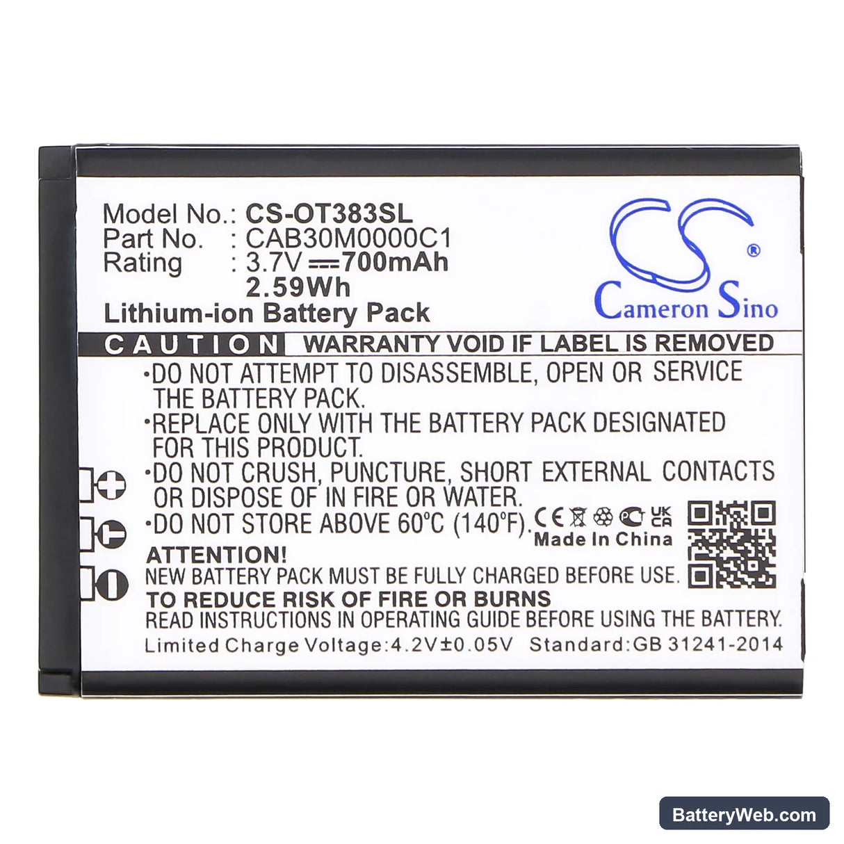 Alcatel OT-600A Replacement Battery, 3.7V, 700mAh, Li-ion 3