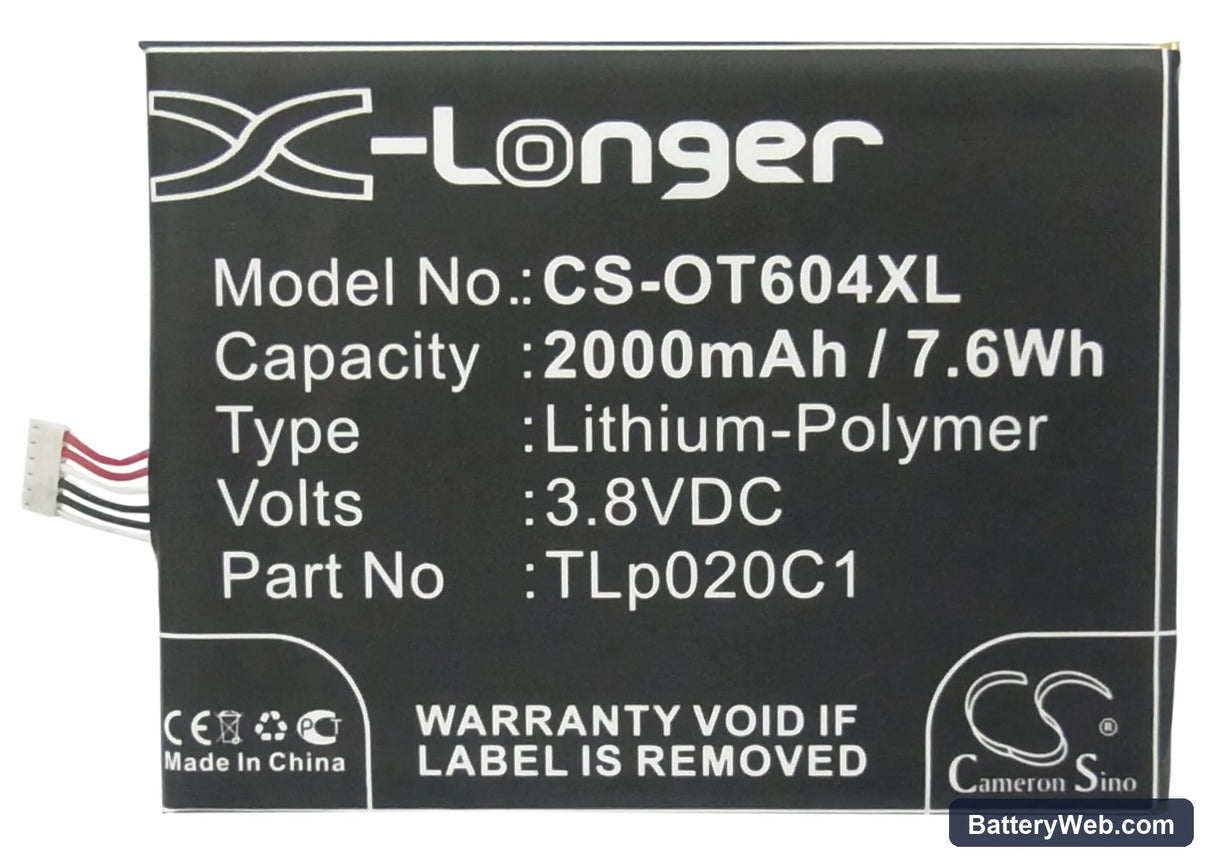 Alcatel One Touch Idol X Replacement Battery, 3.8V, 2000mAh, Li-Polymer 5