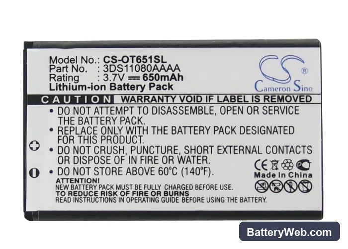 Alcatel OT-C650 Replacement Battery, 3.7V, 650mAh, Li-ion 5