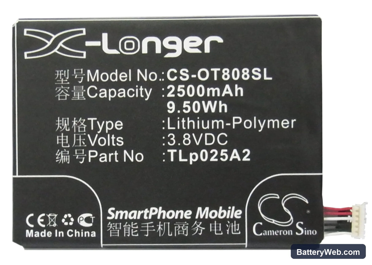 Alcatel OT-8008D Replacement Battery, 3.8V, 2500mAh, Li-Polymer 5