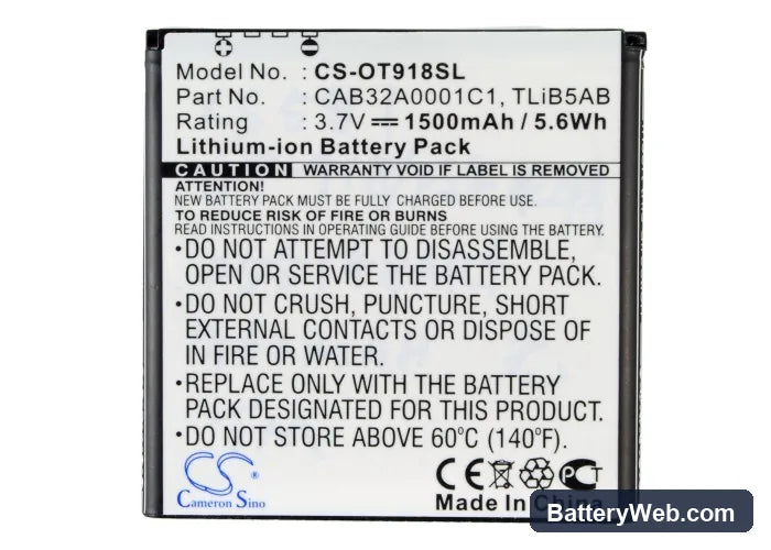 TCL A986 Replacement Battery, 3.7V, 1500mAh, Li-ion 5