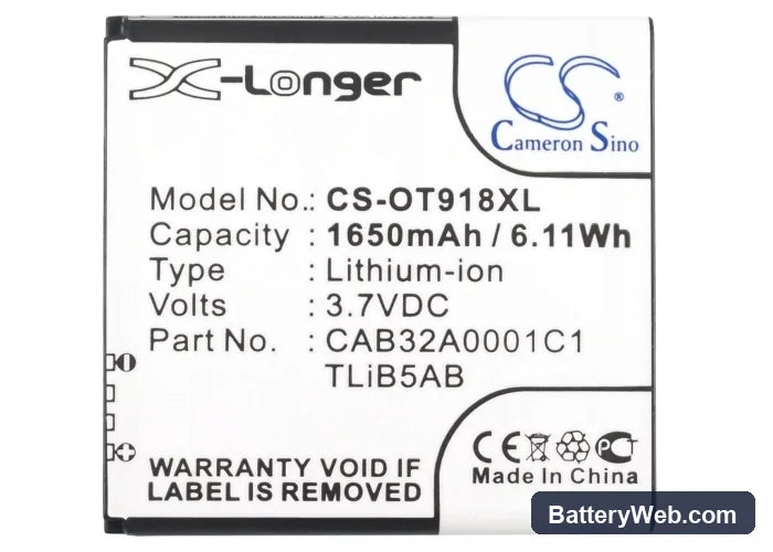TCL A986 Replacement Battery, 3.7V, 1650mAh, Li-ion 5