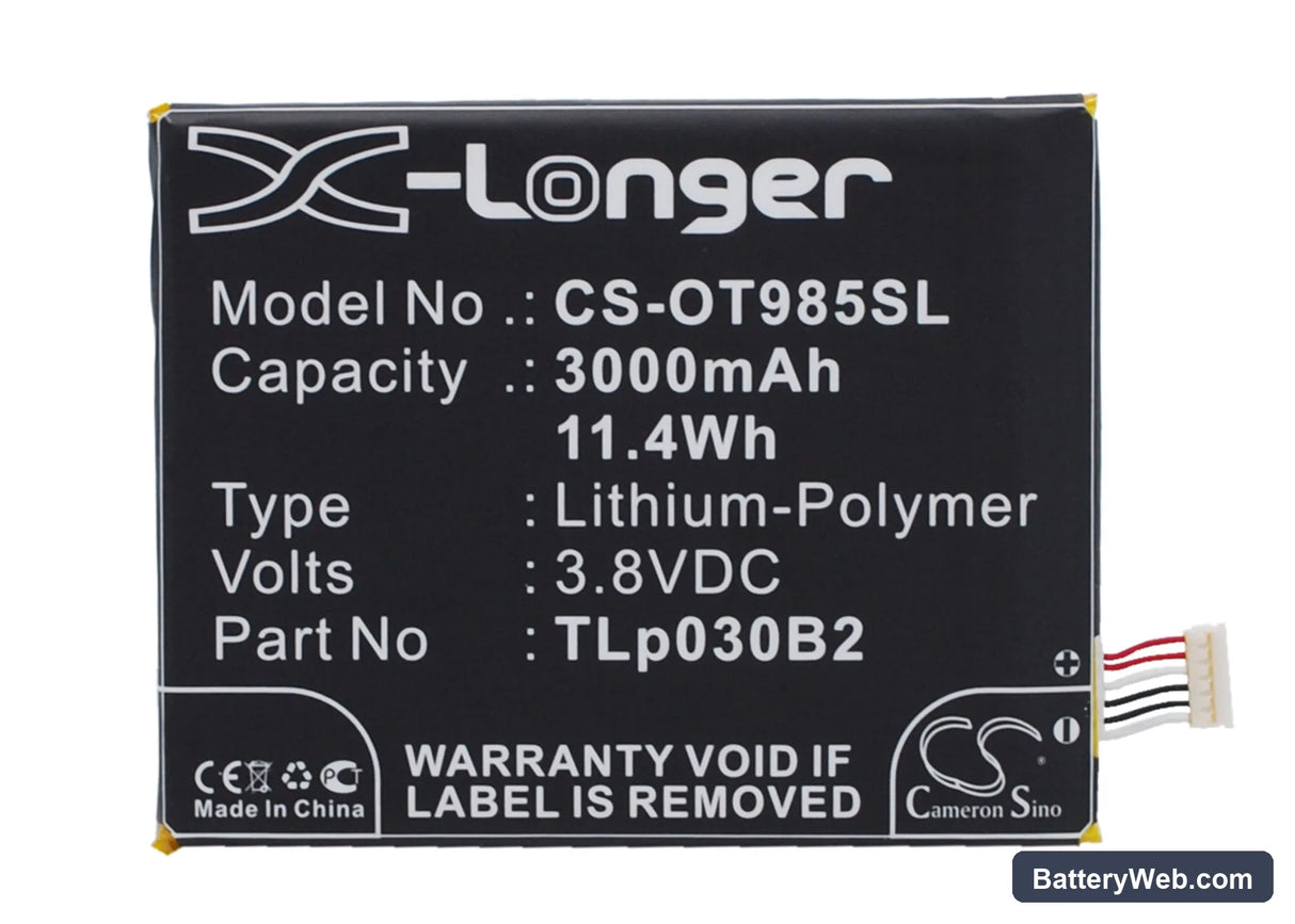 Alcatel One Touch Pop S7 Replacement Battery, 3.8V, 3000mAh, Li-Polymer 1