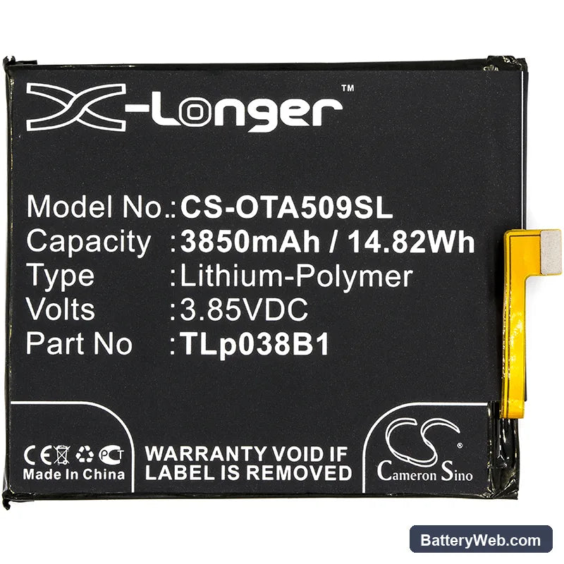 Alcatel A7 Replacement Battery, 3.85V, 3850mAh, Li-Polymer 3