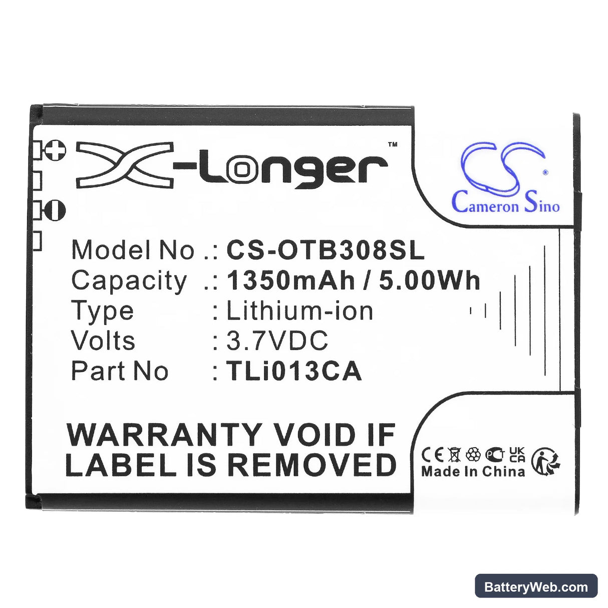 Alcatel OneTouch 3082X Replacement Battery, 3.7V, 1350mAh, Li-ion 3