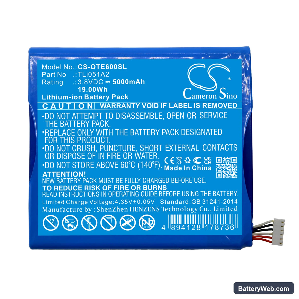 Alcatel EE60 Replacement Battery, 3.8V, 5000mAh, Li-ion 3