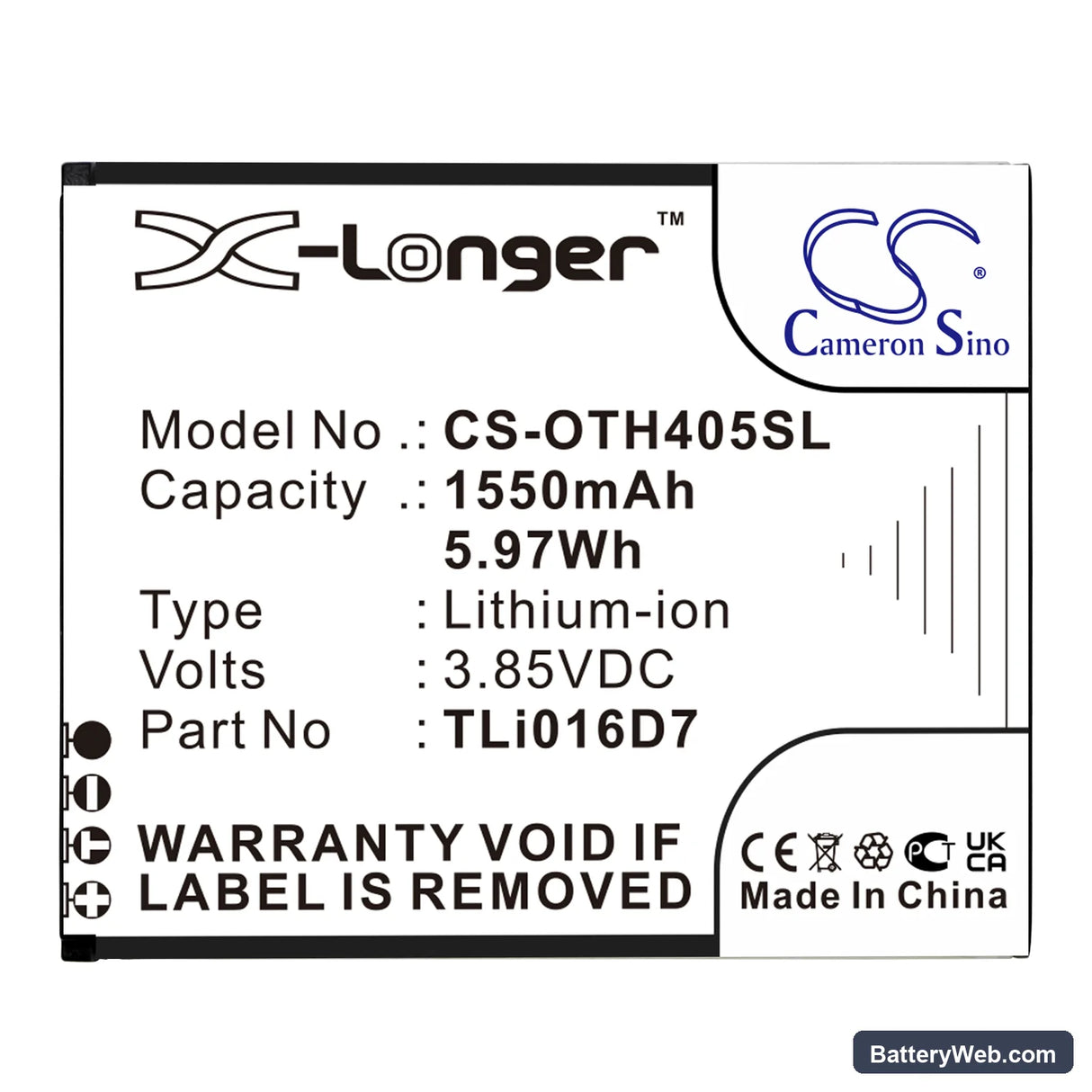 Alcatel U3 2018 4G Replacement Battery, 3.85V, 1550mAh, Li-ion 3