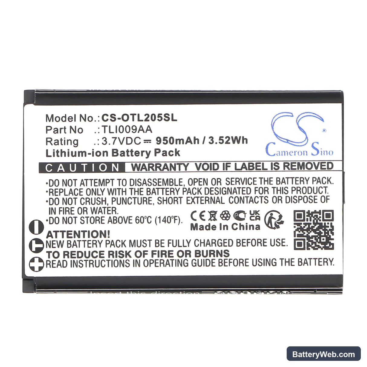 Alcatel OT-2038X Replacement Battery, 3.7V, 950mAh, Li-ion 3