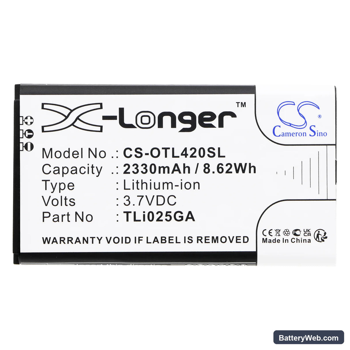 Alcatel Link Zone Replacement Battery, 3.7V, 2330mAh, Li-ion 3